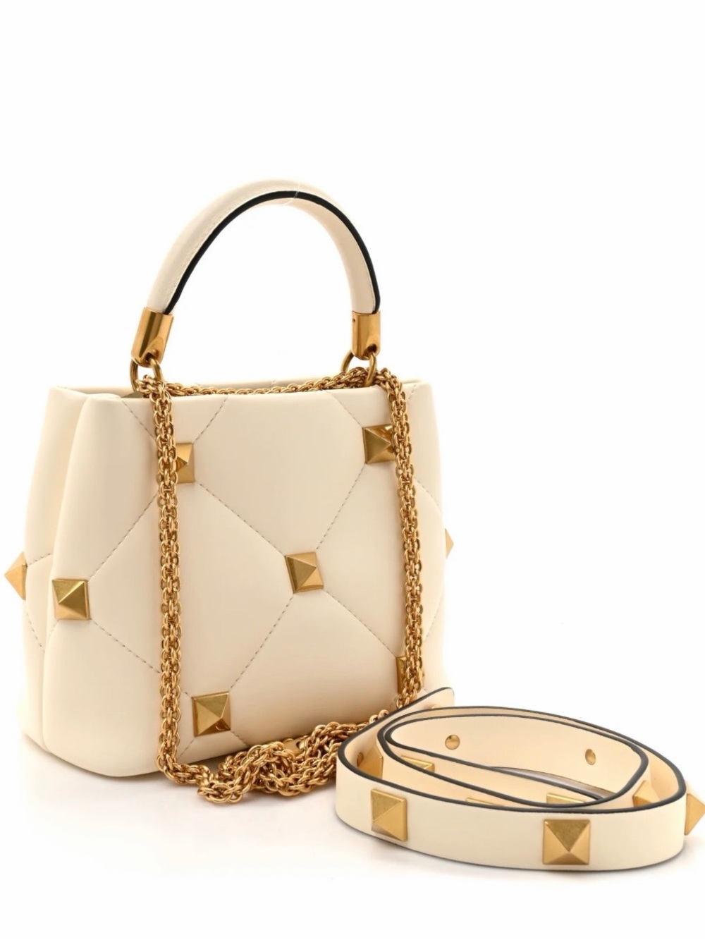 VALENTINO GARAVANI Nappa
Small Roman Stud The Handle Bag in Ivory.